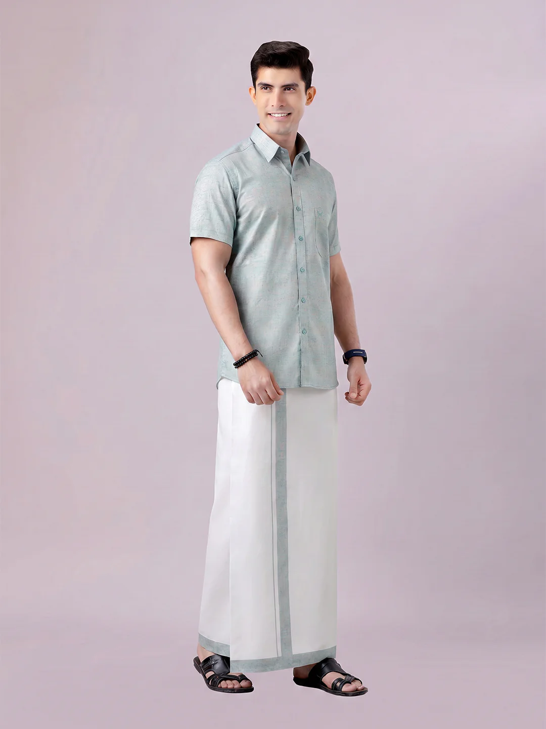 Men's Turquois Color Digital Printed Shirt with Matching Printed Border Dhoti Combo Varnam - Image 3