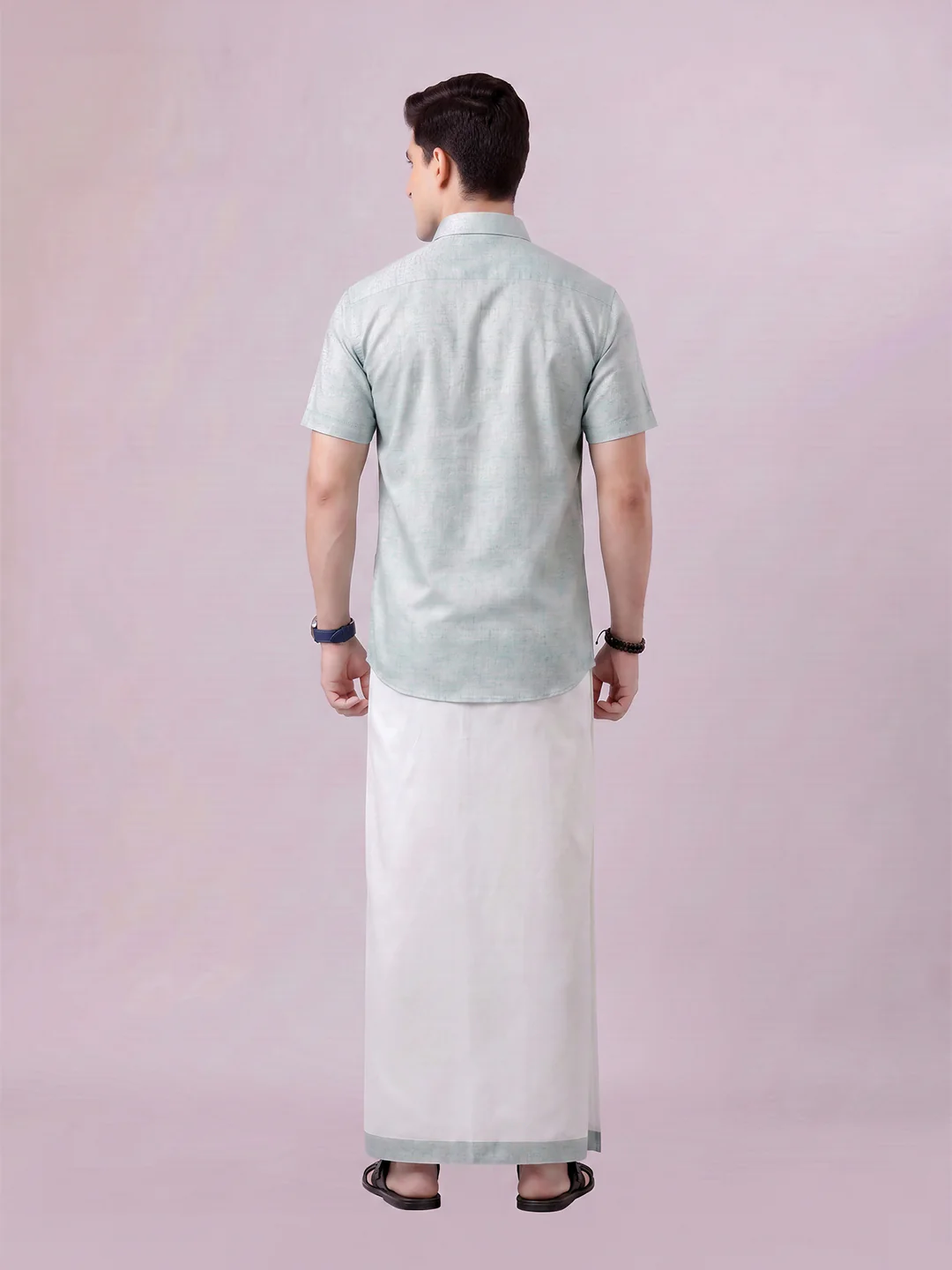 Men's Turquois Color Digital Printed Shirt with Matching Printed Border Dhoti Combo Varnam - Image 4