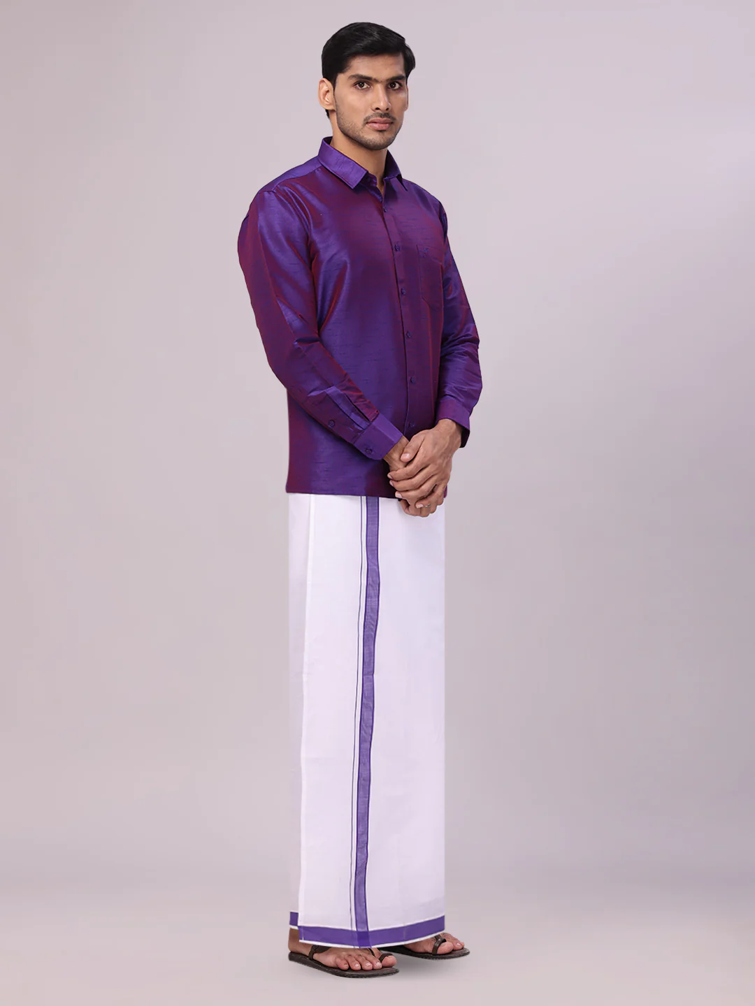 Men's Violet Dupion Satin Color Shirt with Matching Border Flexi Dhoti Combo Gora Flexi - Image 3