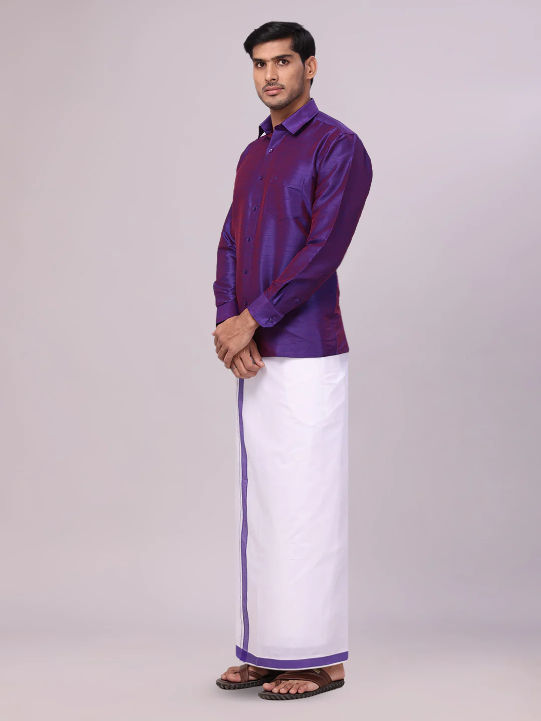 Men's Violet Dupion Satin Color Shirt with Matching Border Flexi Dhoti Combo Gora Flexi - Image 4