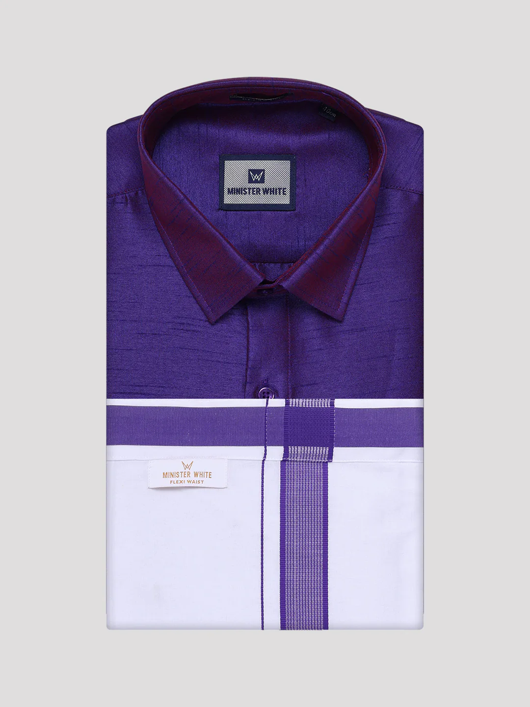 Men's Violet Dupion Satin Color Shirt with Matching Border Flexi Dhoti Combo Gora Flexi - Image 7