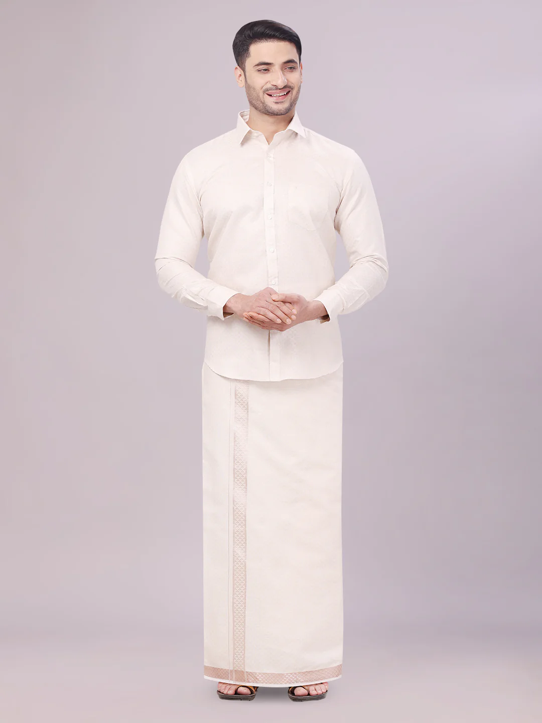 Mens Almond Tissue Jacquard Shirt with Matching Dhoti Combo Zeebra
