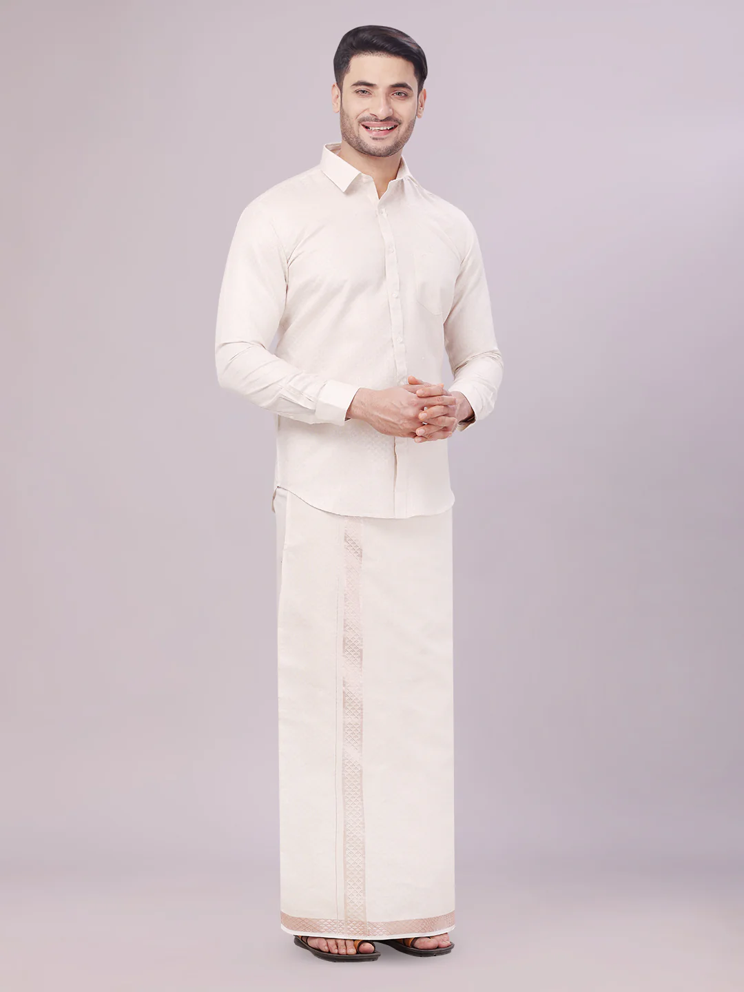 Mens Almond Tissue Jacquard Shirt with Matching Dhoti Combo Zeebra - Image 2