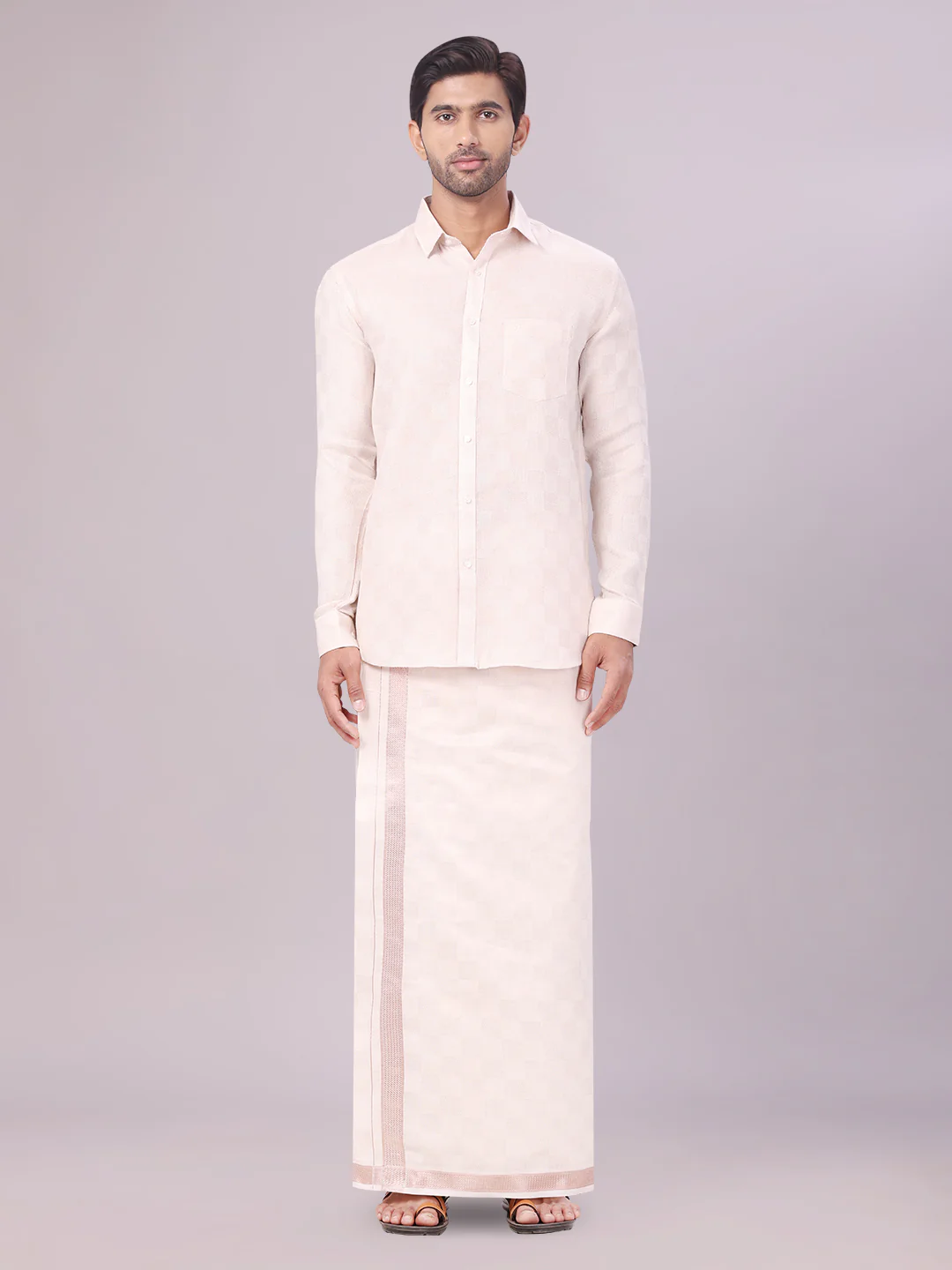 Men's Almond Tissue Jacquard Shirt with Matching Dhoti Combo Zeus