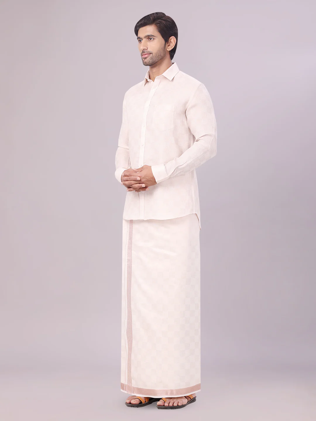 Men's Almond Tissue Jacquard Shirt with Matching Dhoti Combo Zeus - Image 2