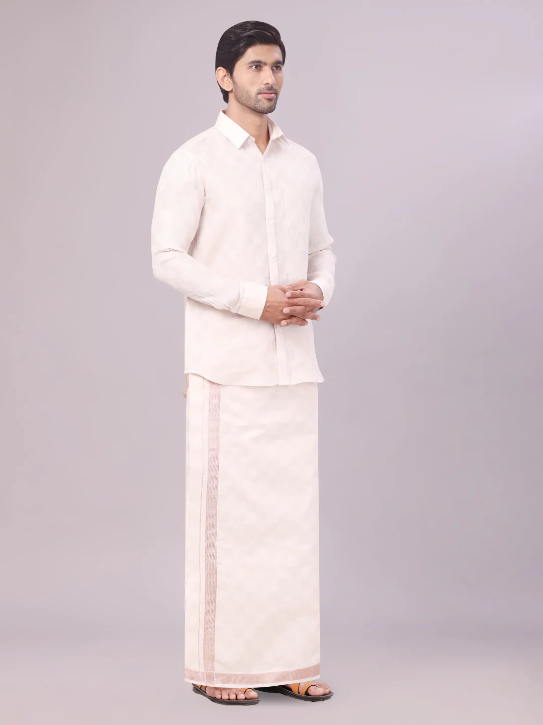 Men's Almond Tissue Jacquard Shirt with Matching Dhoti Combo Zeus - Image 3