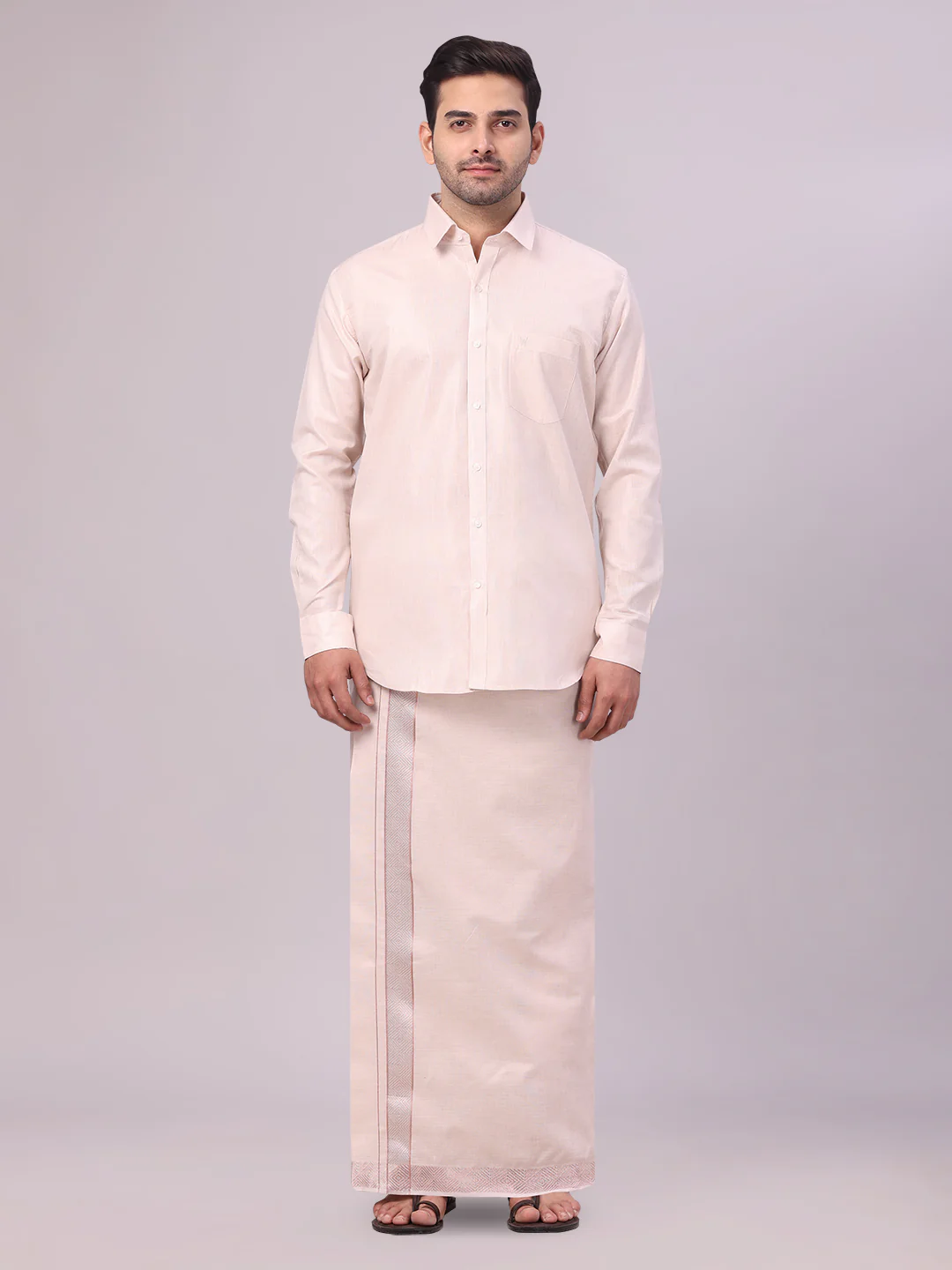 Mens Almond Tissue Shirt and Dhoti Set with Intricate Jacquard Border Plum