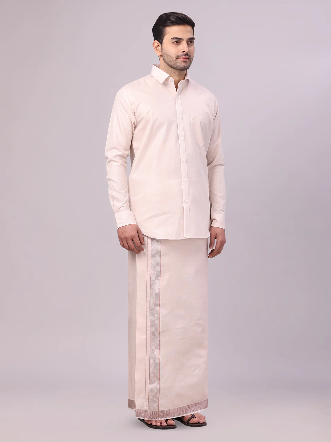 Mens Almond Tissue Shirt and Dhoti Set with Intricate Jacquard Border Plum - Image 2