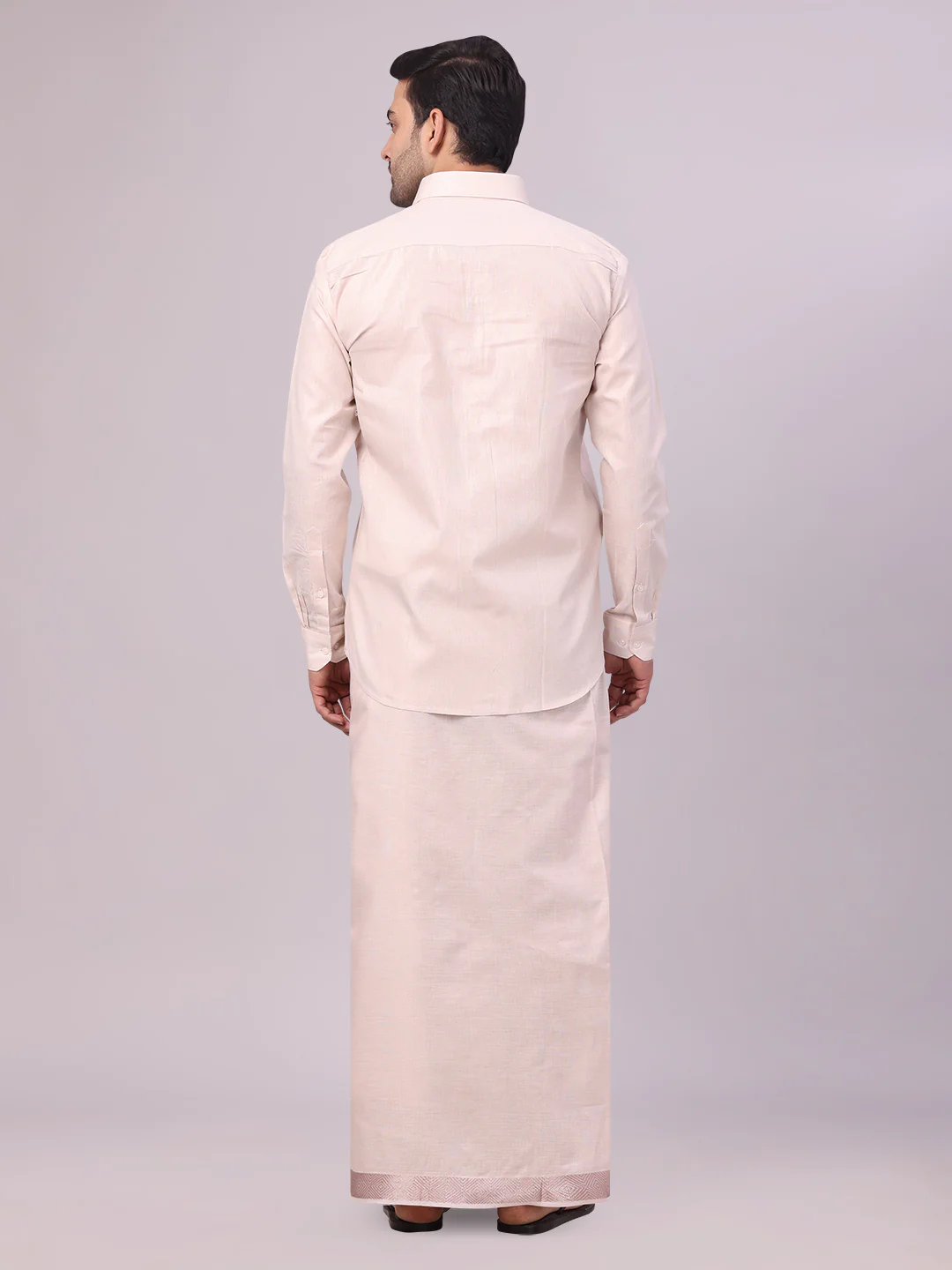 Mens Almond Tissue Shirt and Dhoti Set with Intricate Jacquard Border Plum - Image 4