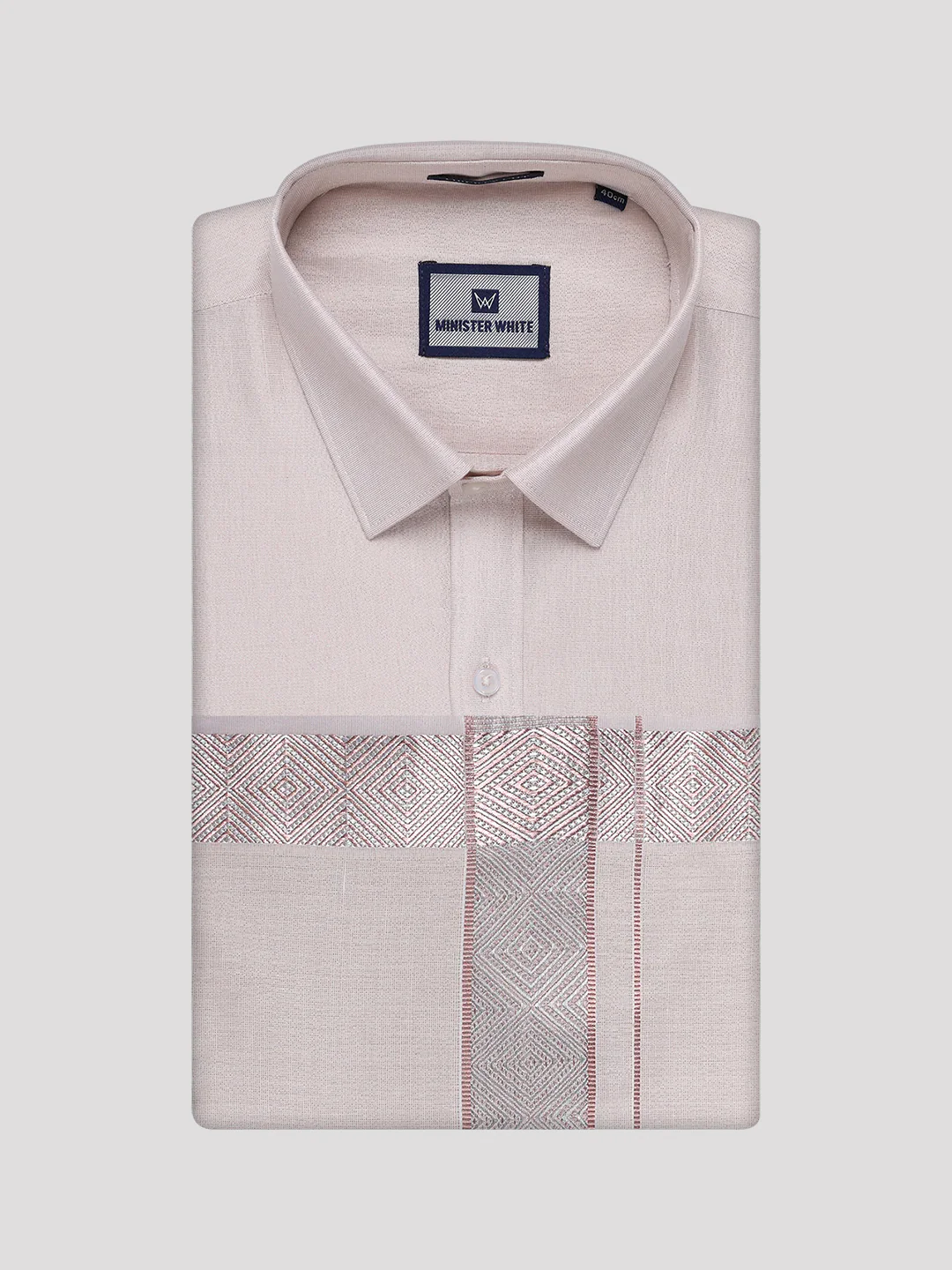 Mens Almond Tissue Shirt and Dhoti Set with Intricate Jacquard Border Plum - Image 5