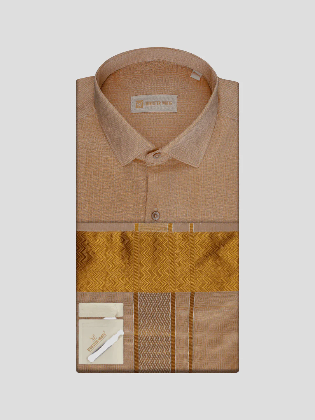 Men's Art Silk Biscuit Jacquard Full Sleeves Shirt with 2 1/2" Jari Border Dhoti Combo Nautica