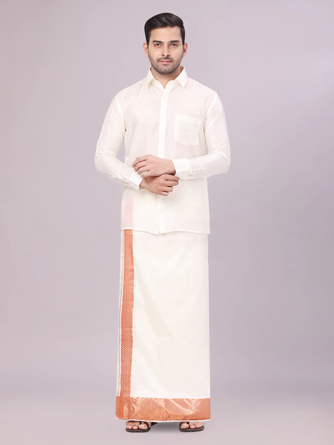 Mens Art Silk Cream Jacquard Full Sleeves Shirt with 2 1/2" Copper Jari Border Dhoti Combo Nautica
