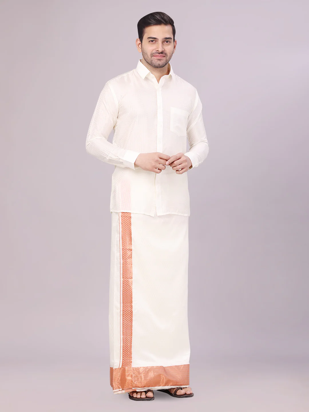 Mens Art Silk Cream Jacquard Full Sleeves Shirt with 2 1/2" Copper Jari Border Dhoti Combo Nautica - Image 2