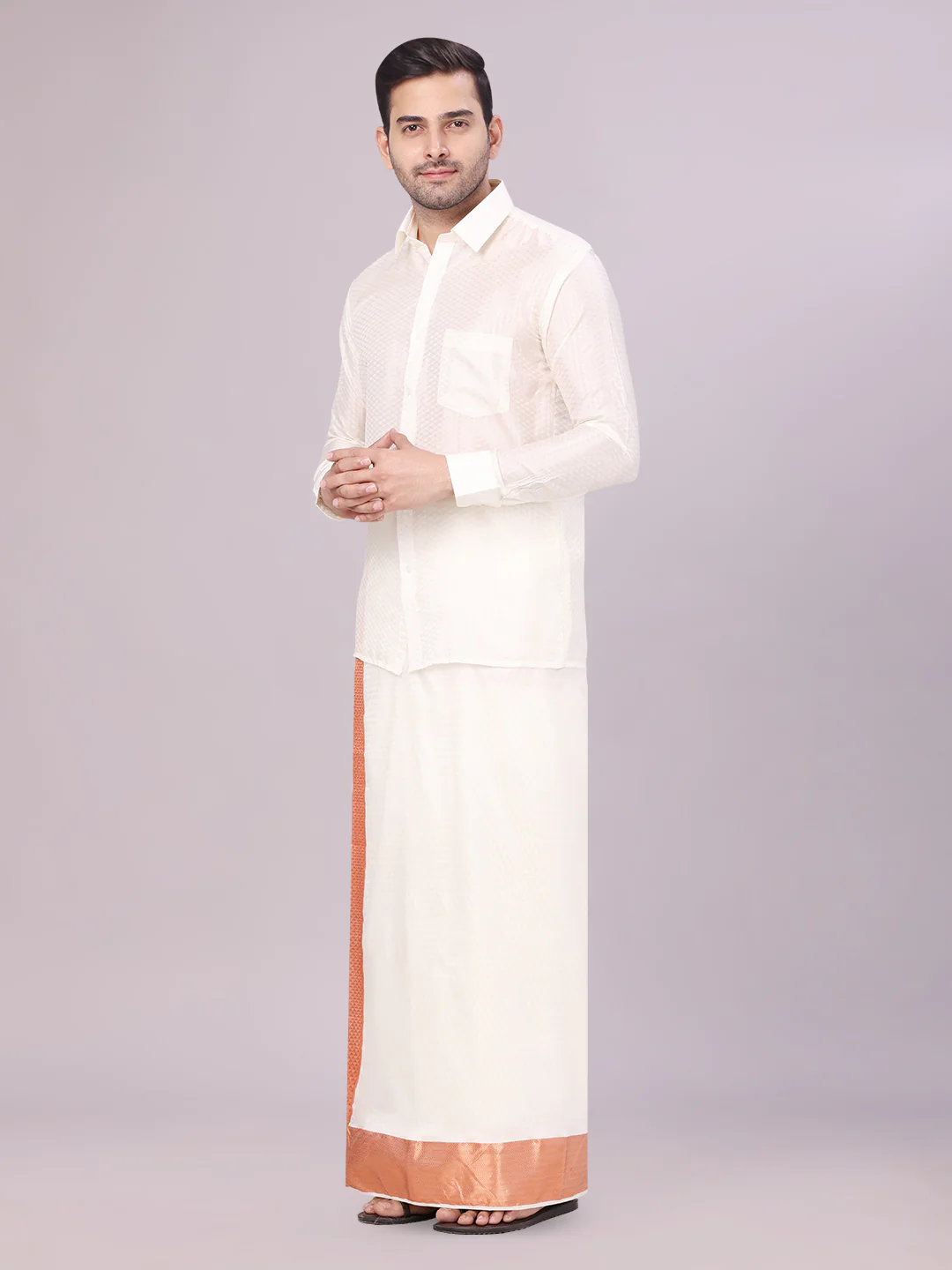 Mens Art Silk Cream Jacquard Full Sleeves Shirt with 2 1/2" Copper Jari Border Dhoti Combo Nautica - Image 3