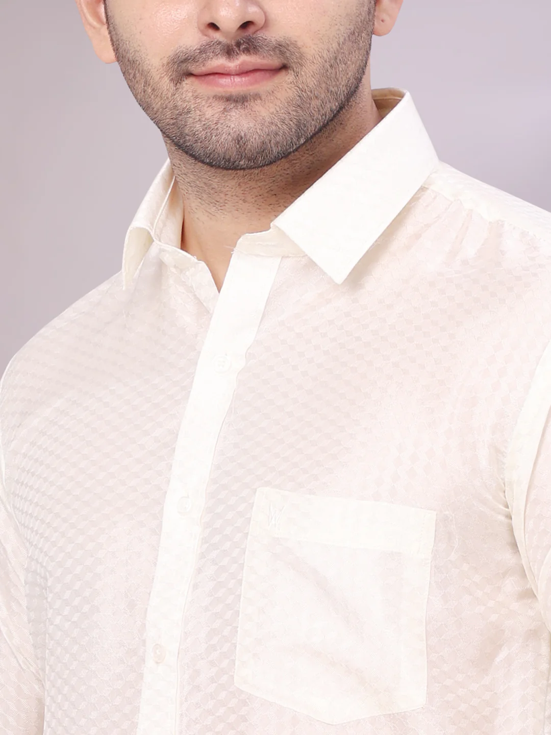 Mens Art Silk Cream Jacquard Full Sleeves Shirt with 2 1/2" Copper Jari Border Dhoti Combo Nautica - Image 5
