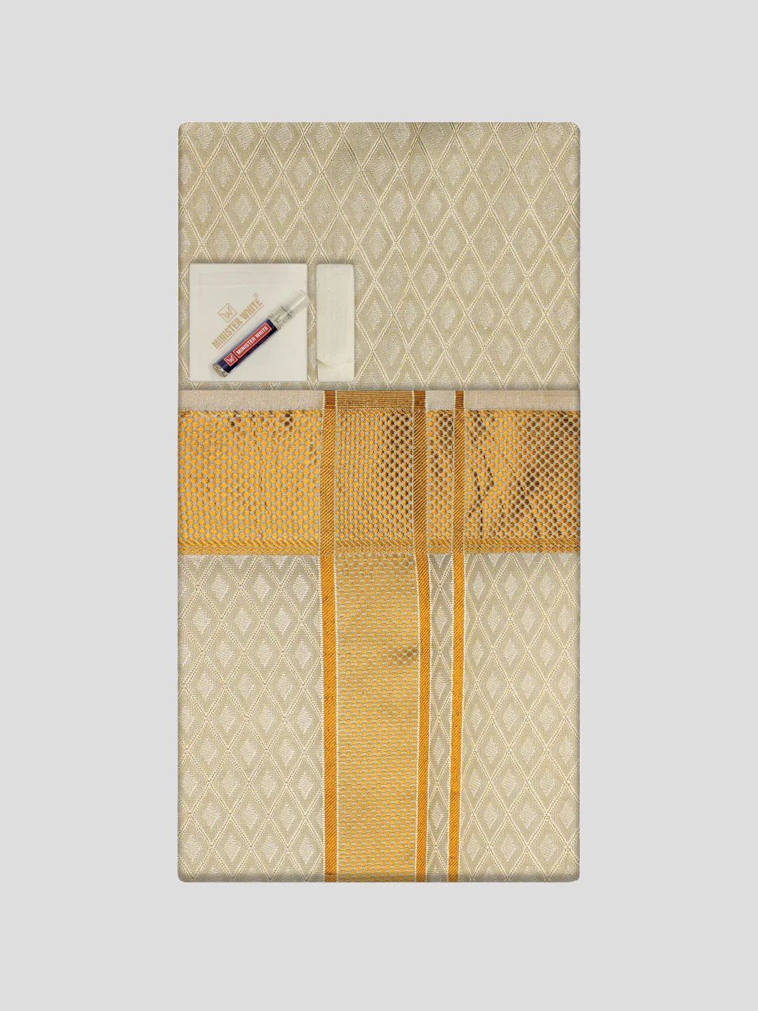 Men's Art Silk Cream Full Sleeves Shirt with 2 1/2" Gold Jari Border Dhoti Combo Spruce - Image 2