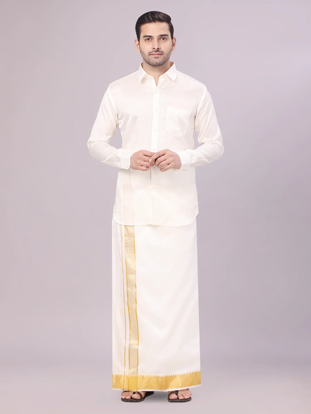 Mens Art Silk Cream Jacquard Full Sleeves Shirt with 2 1/2" Jari Border Dhoti Combo Nautica