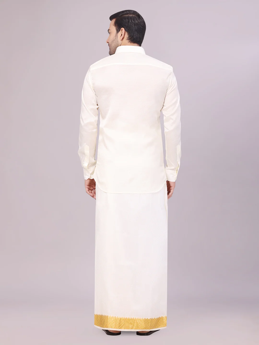 Mens Art Silk Cream Jacquard Full Sleeves Shirt with 2 1/2" Jari Border Dhoti Combo Nautica - Image 4