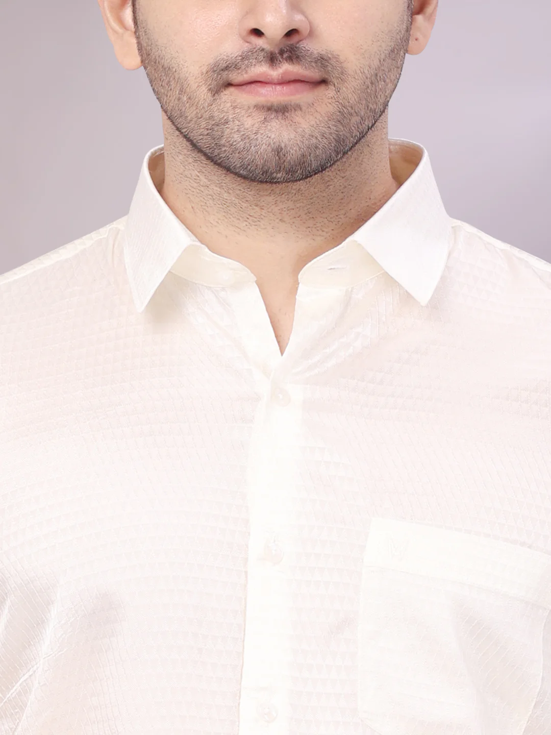 Mens Art Silk Cream Jacquard Full Sleeves Shirt with 2 1/2" Jari Border Dhoti Combo Nautica - Image 5