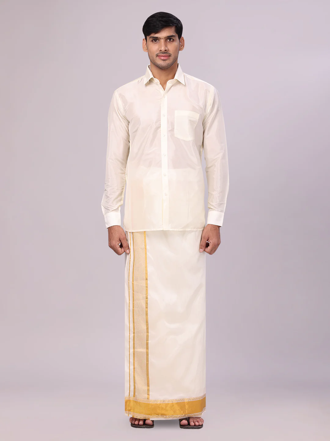 Men's Art Silk Cream Full Sleeves Shirt with 3 1/2" Gold Jari Border Dhoti Combo Mangal