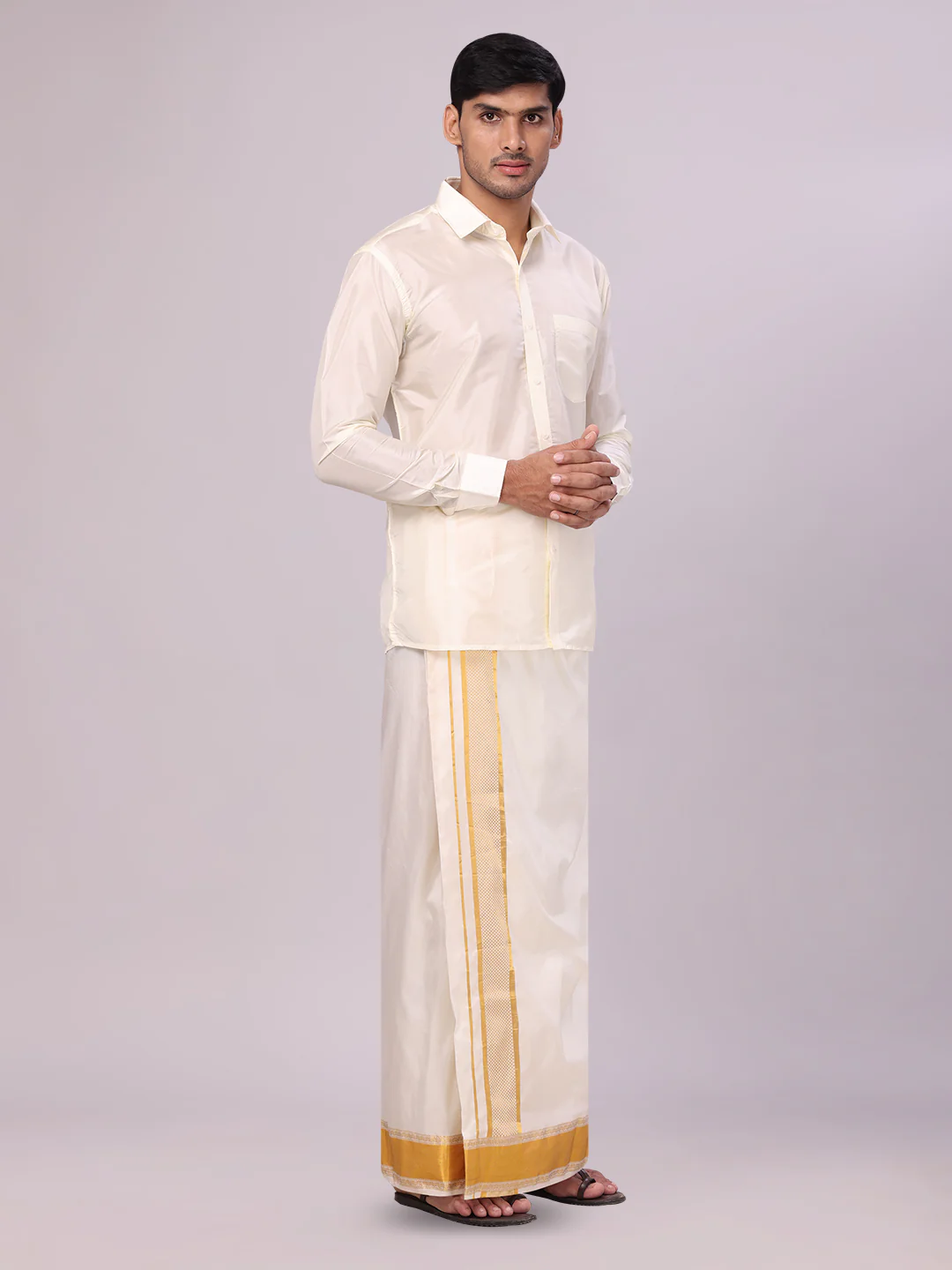 Men's Art Silk Cream Full Sleeves Shirt with 3 1/2" Gold Jari Border Dhoti Combo Mangal - Image 2