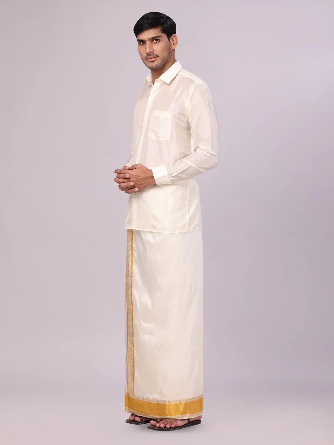 Men's Art Silk Cream Full Sleeves Shirt with 3 1/2" Gold Jari Border Dhoti Combo Mangal - Image 3
