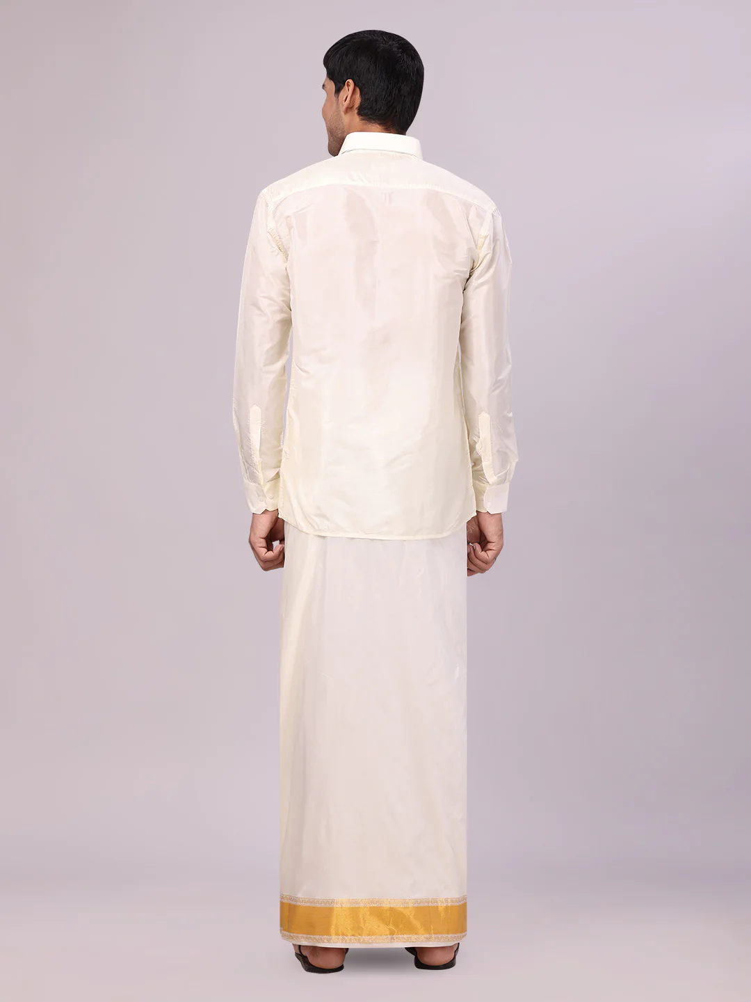 Men's Art Silk Cream Full Sleeves Shirt with 3 1/2" Gold Jari Border Dhoti Combo Mangal - Image 4