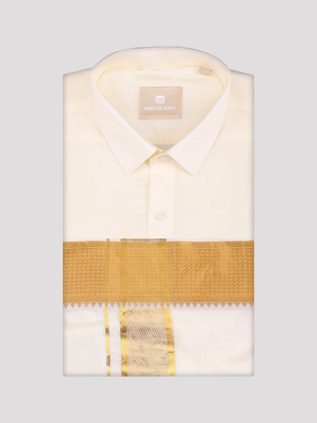Men's Art Silk Cream Full Sleeves Shirt with 3 1/2" Gold Jari Border Dhoti Combo Mangal - Image 5