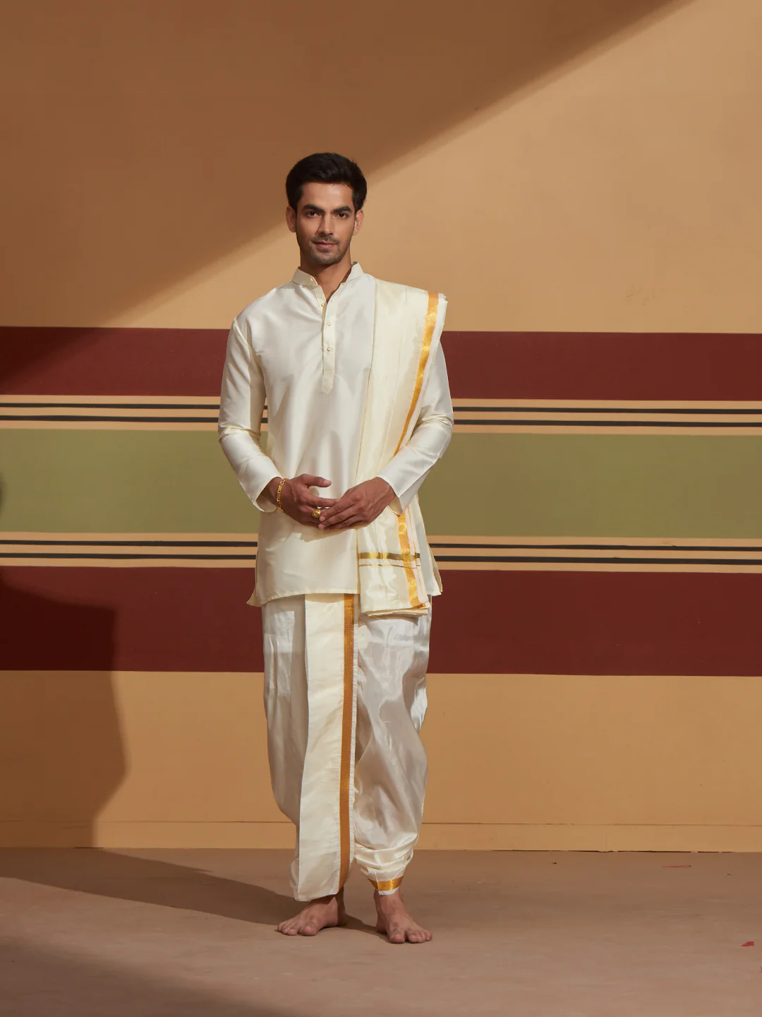 Mens Art Silk Cream Kurta Readymade Panchakacham Towel Gold Jari Border Combo Olir