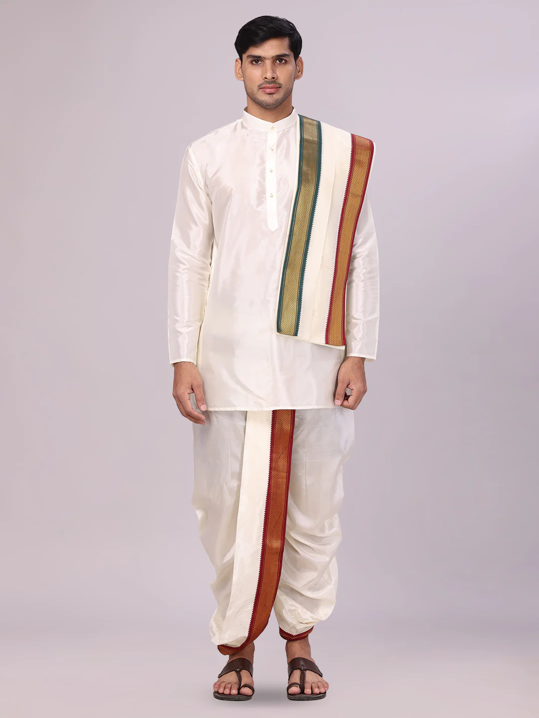 Mens Art Silk Cream Kurta Readymade Panchakacham Towel Mayilkhan Jari Border Combo Dhyanam