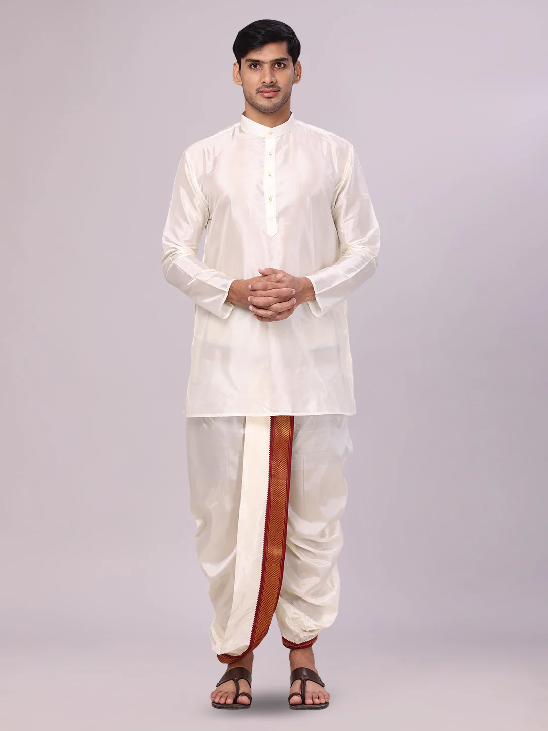 Mens Art Silk Cream Kurta Readymade Panchakacham Towel Mayilkhan Jari Border Combo Dhyanam - Image 2