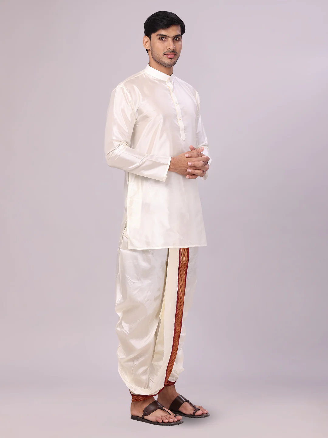 Mens Art Silk Cream Kurta Readymade Panchakacham Towel Mayilkhan Jari Border Combo Dhyanam - Image 3