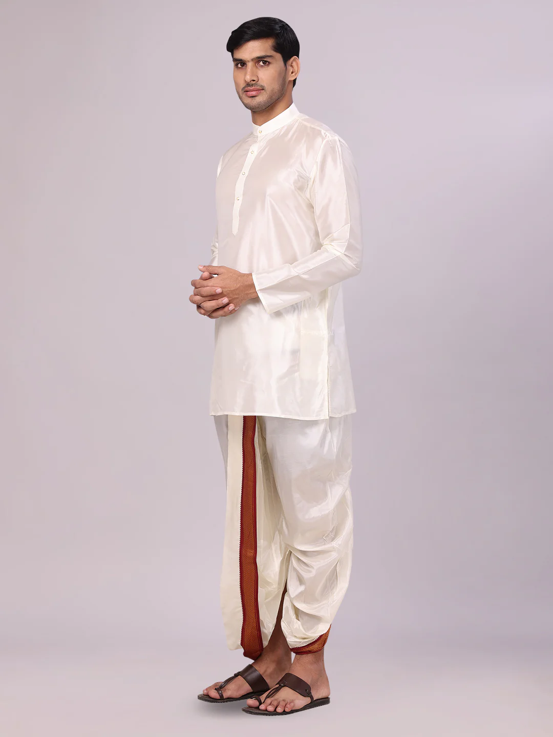 Mens Art Silk Cream Kurta Readymade Panchakacham Towel Mayilkhan Jari Border Combo Dhyanam - Image 4