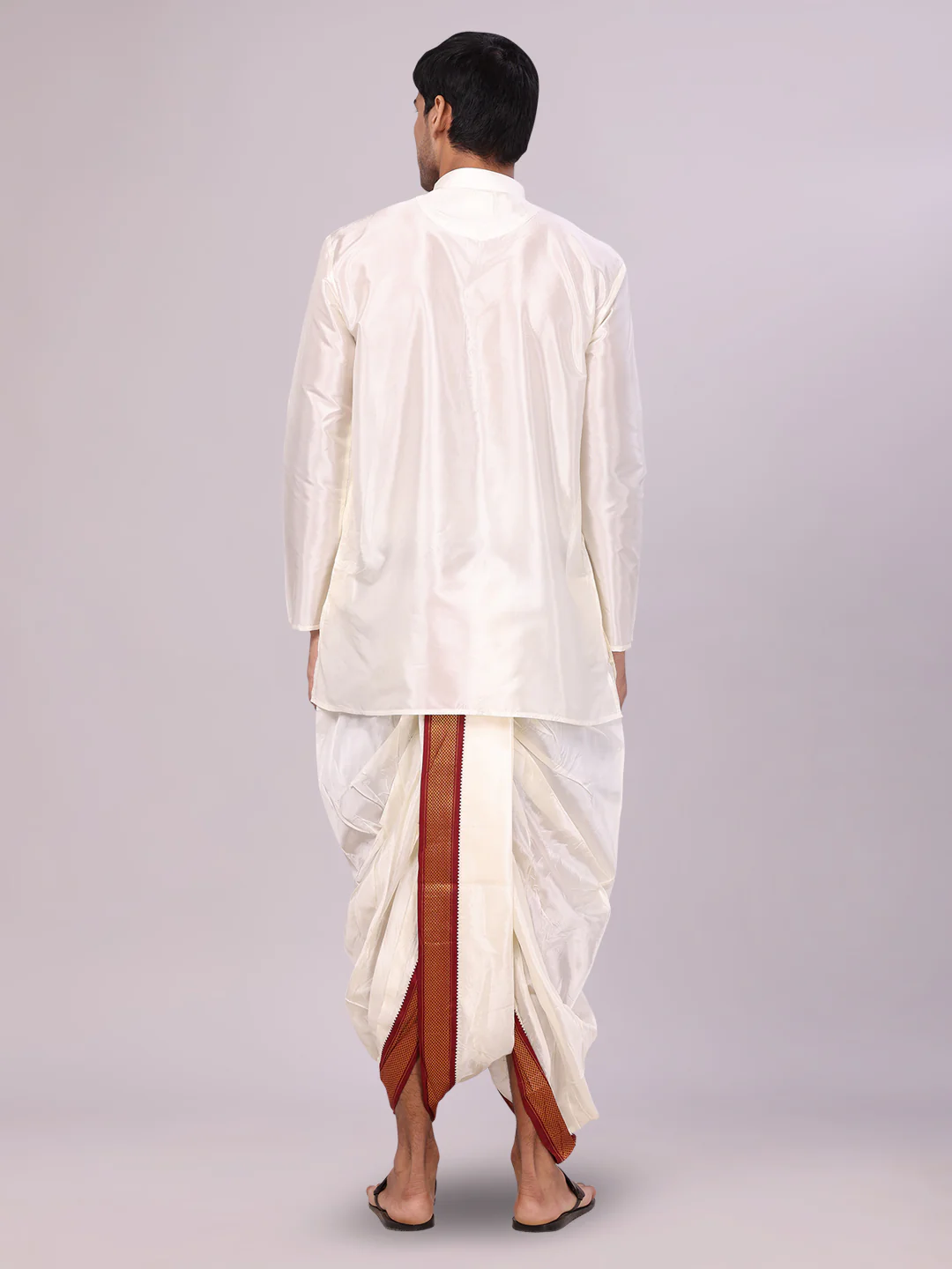 Mens Art Silk Cream Kurta Readymade Panchakacham Towel Mayilkhan Jari Border Combo Dhyanam - Image 6