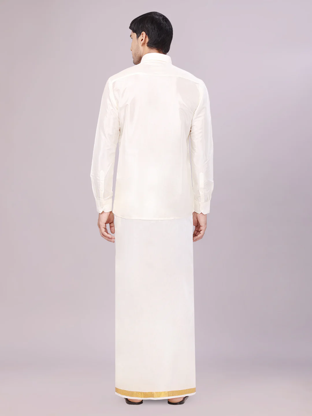 Mens Art Silk Cream Wedding Shirt with Flexi Dhoti and Nerial - Boopalan Flexi - Image 5