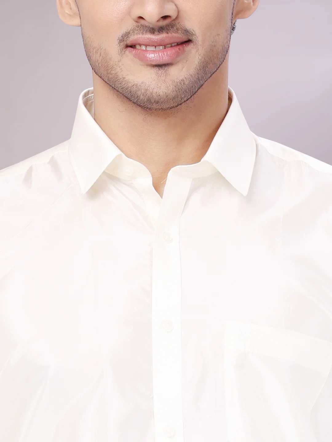 Mens Art Silk Cream Wedding Shirt with Flexi Dhoti and Nerial - Boopalan Flexi - Image 6