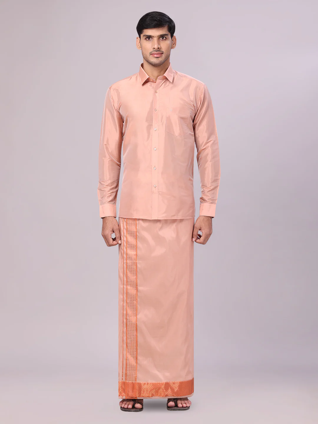 Men's Art Silk Dark Copper Full Sleeves Shirt with 3" Copper Jari Border Dhoti Combo Mangal