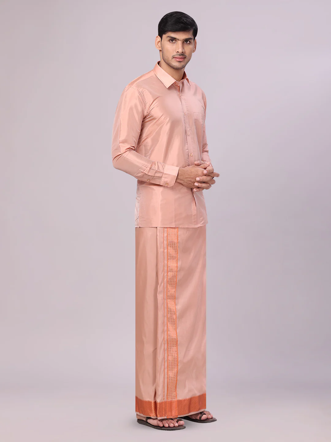 Men's Art Silk Dark Copper Full Sleeves Shirt with 3" Copper Jari Border Dhoti Combo Mangal - Image 2