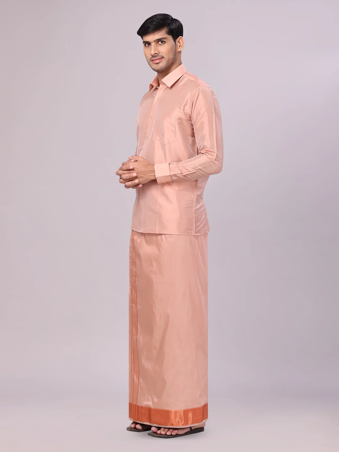 Men's Art Silk Dark Copper Full Sleeves Shirt with 3" Copper Jari Border Dhoti Combo Mangal - Image 3