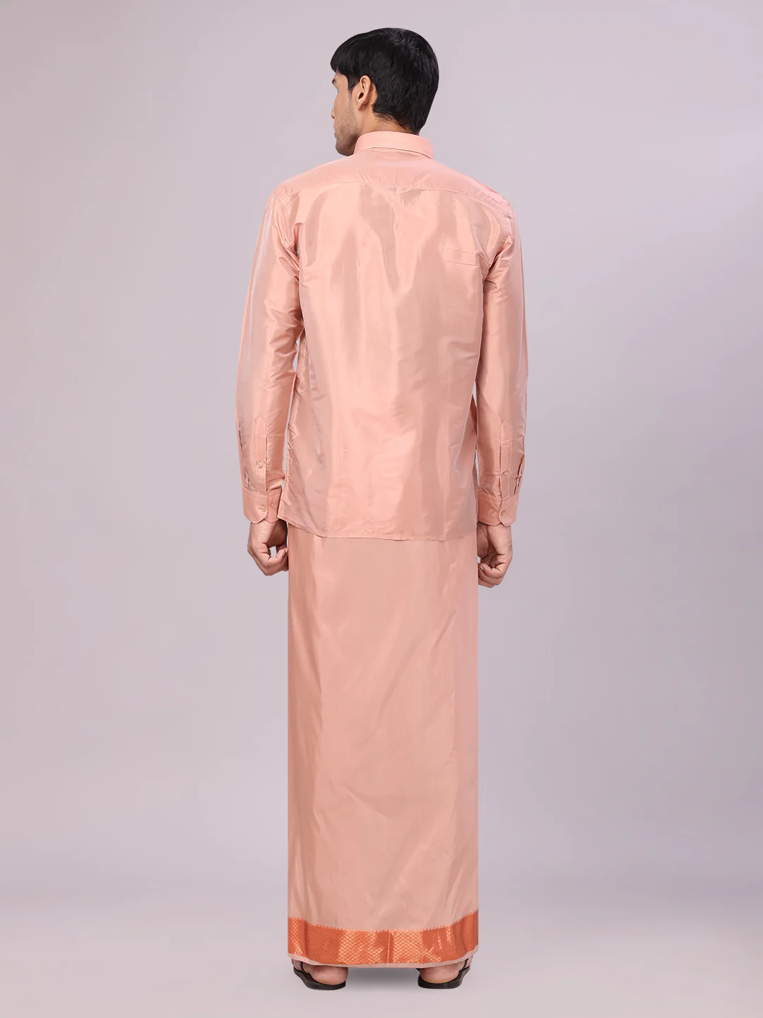 Men's Art Silk Dark Copper Full Sleeves Shirt with 3" Copper Jari Border Dhoti Combo Mangal - Image 4