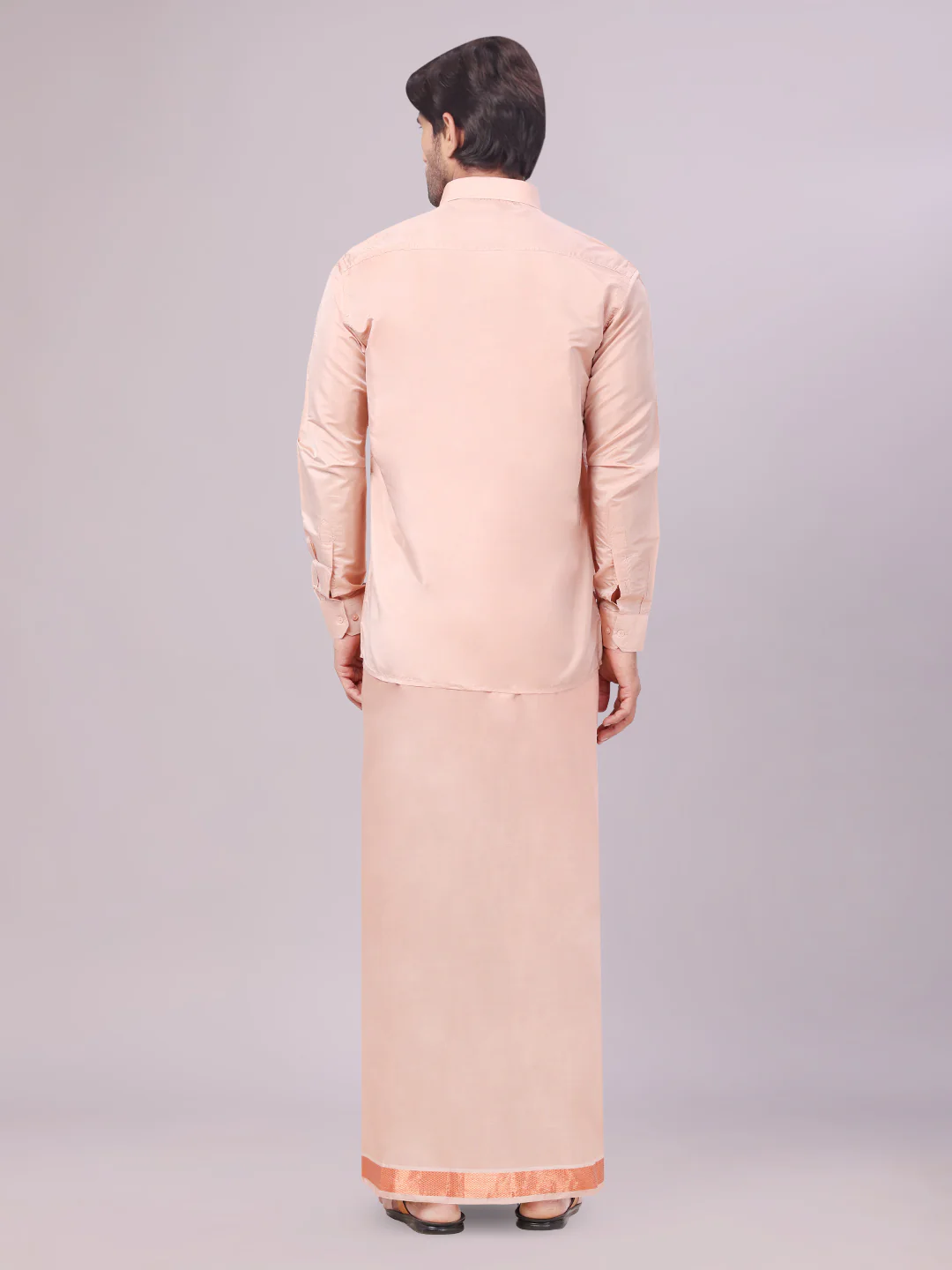 Mens Art Silk Dark Copper Full Sleeves Shirt with Gold Jari Border Dhoti & Towel Combo Blush - Image 3