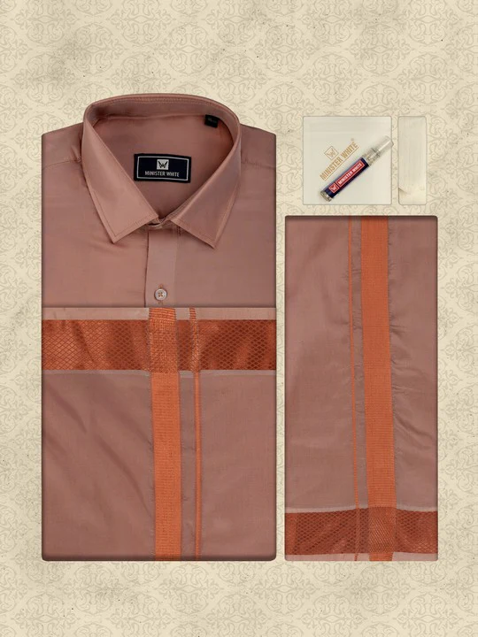 Mens Art Silk Dark Copper Full Sleeves Shirt with Gold Jari Border Dhoti & Towel Combo Blush - Image 5