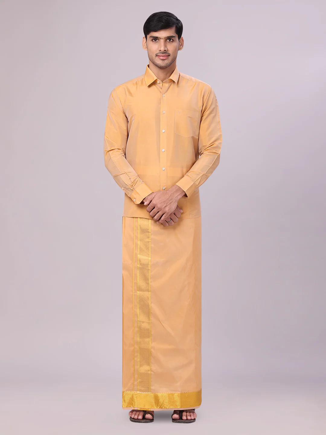 Mens Art Silk Dark Gold Full Sleeves Shirt with 3" Gold Jari Border Dhoti Combo Mangal