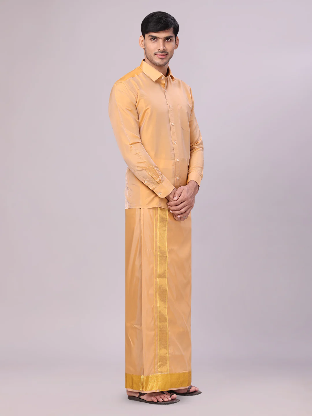 Mens Art Silk Dark Gold Full Sleeves Shirt with 3" Gold Jari Border Dhoti Combo Mangal - Image 2