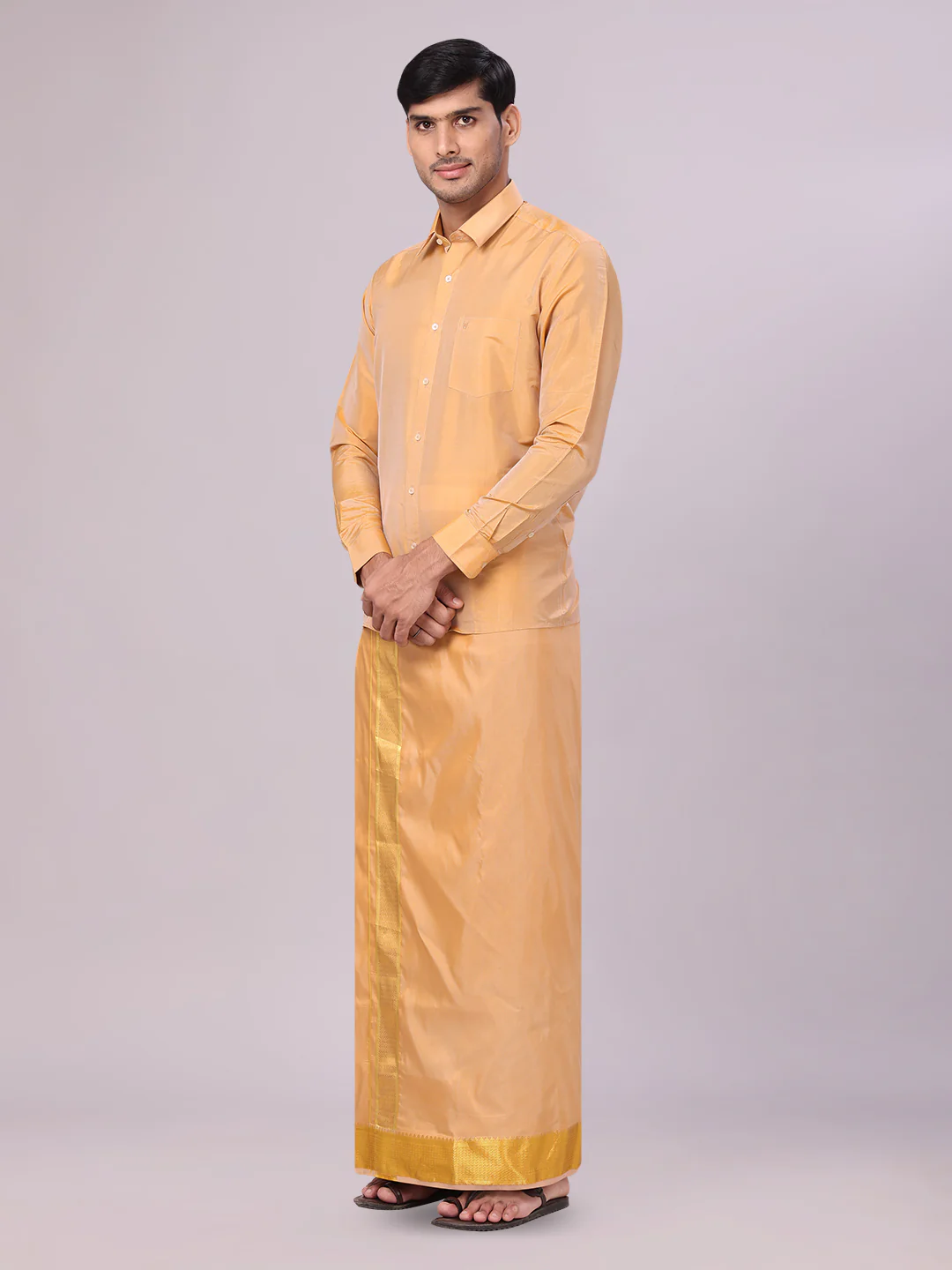 Mens Art Silk Dark Gold Full Sleeves Shirt with 3" Gold Jari Border Dhoti Combo Mangal - Image 3