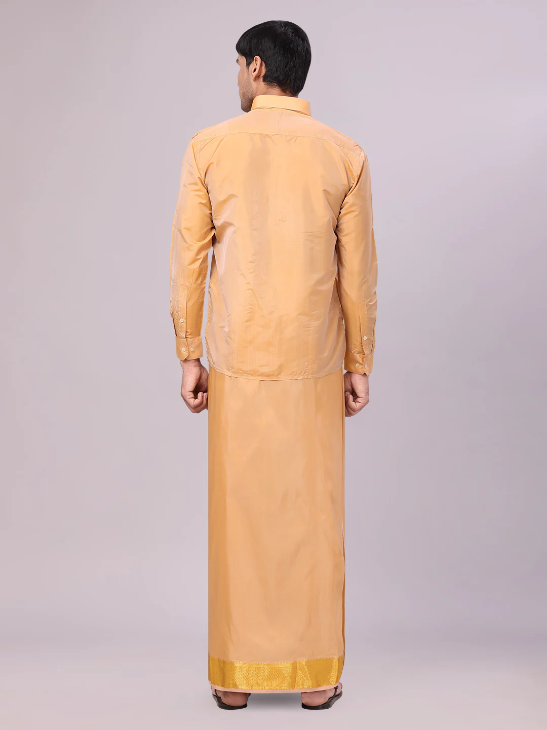 Mens Art Silk Dark Gold Full Sleeves Shirt with 3" Gold Jari Border Dhoti Combo Mangal - Image 4