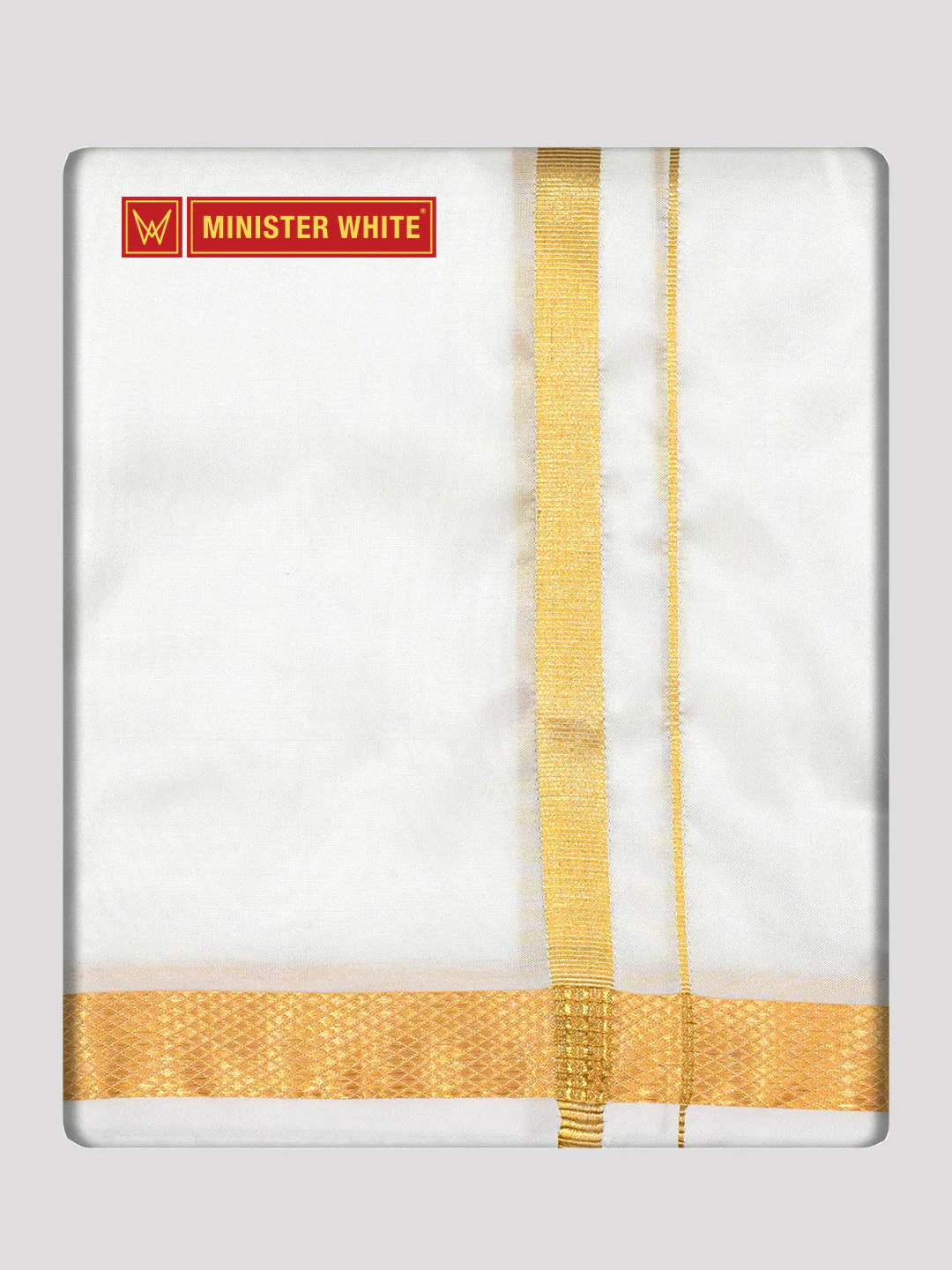 Mens Art Silk Double Layer White Dhoti with 50K Gold Jari Border - Prince 50K
