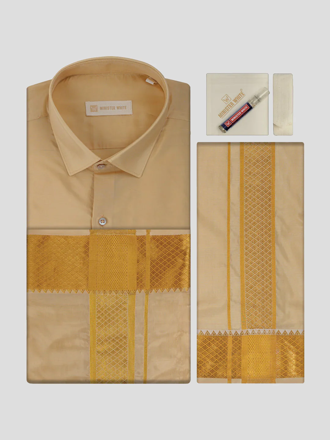Men's Art Silk Fawn Gold Full Sleeves Shirt with 3" Gold Jari Border & Towel Dhoti Combo Mangal