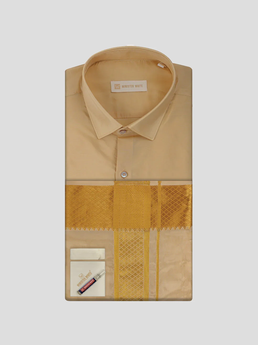 Men's Art Silk Fawn Gold Full Sleeves Shirt with 3" Gold Jari Border & Towel Dhoti Combo Mangal - Image 2