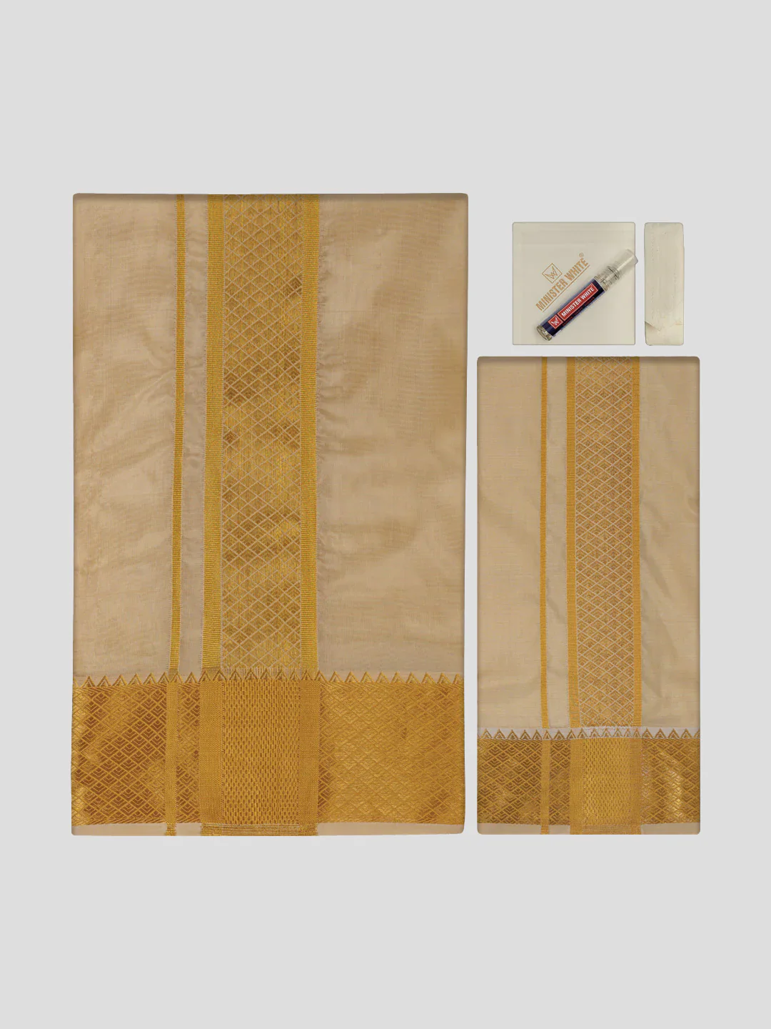 Men's Art Silk Fawn Gold Full Sleeves Shirt with 3" Gold Jari Border & Towel Dhoti Combo Mangal - Image 3
